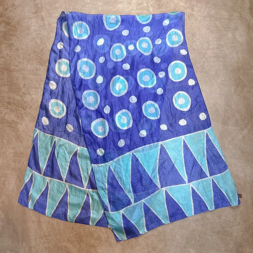 Geometric Satin Scarf Blue Rectangle Polka Dot Circle Triangle Boho Festival Mod